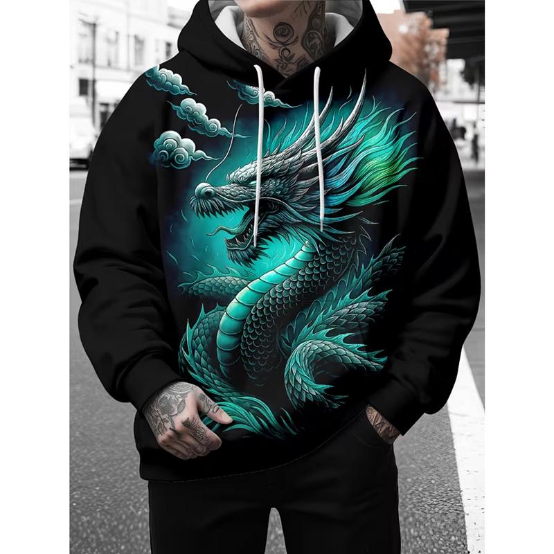 Cool Vintage Dragon Pattern Print Hoodie Men's Clothing Hip Hop Personality Streetwear Cow Stripe Funny Pullover Coat Novel