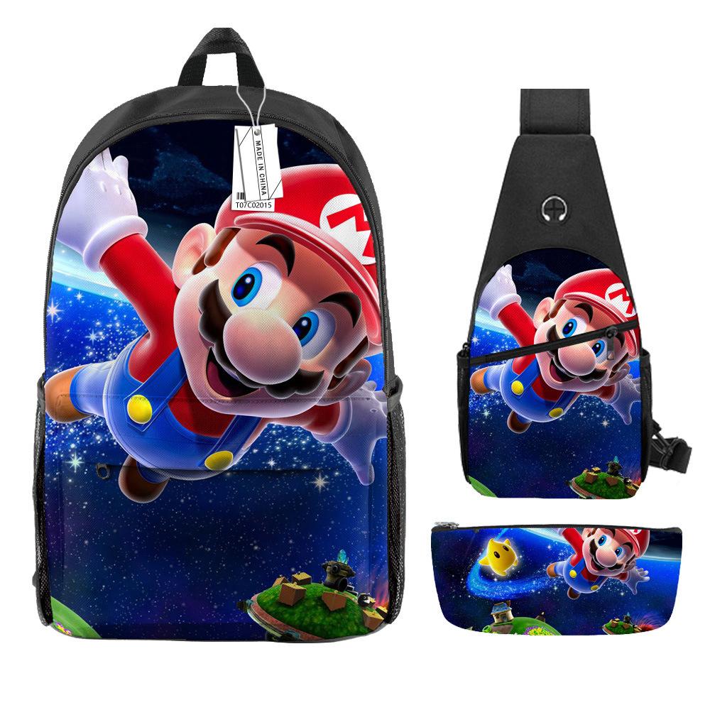 Animation Backpack, Super Mary Primary School Student Print Children'S Backpack Satchel Pencil Case Three-Piece Set