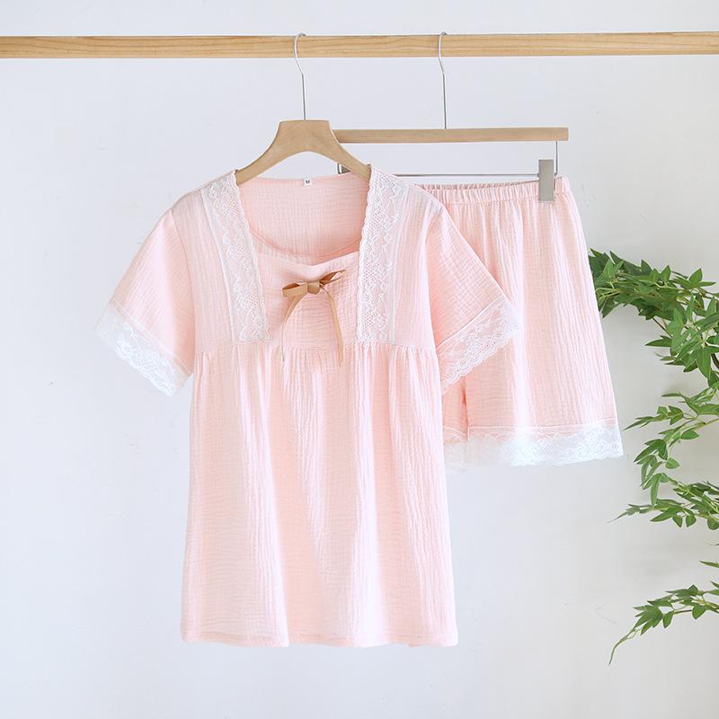 Nuovo Set Pigiama Estivo da Donna 100% Cotone Crêpe Dolce Maniche Corte Pantaloncini Set Due Pezzi Casual Casa Signore