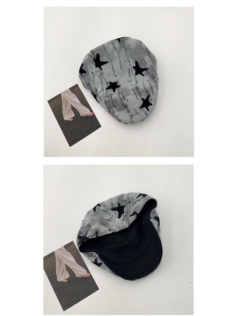Korean Style Women's Versatile Distressed Star Newsboy Cap, Reversible Trendy Beret for Large Head Circumference