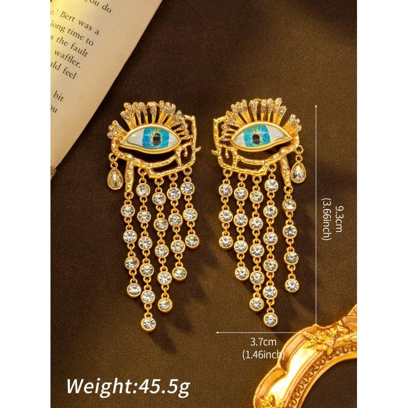 Vintage Crystal Tassel Devil's Eye Earrings Light Luxury Retro High Grade Heavy Duty Earnail Women