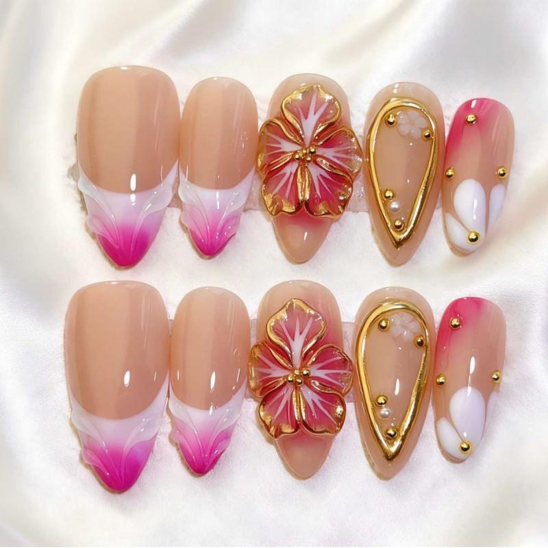 3D Dopamine Floral Carved Press-On Nails Handmade Acrylic Nail Tips Women Men Teens Short Medium Long Styles AW1028 Floral 3D Embossed