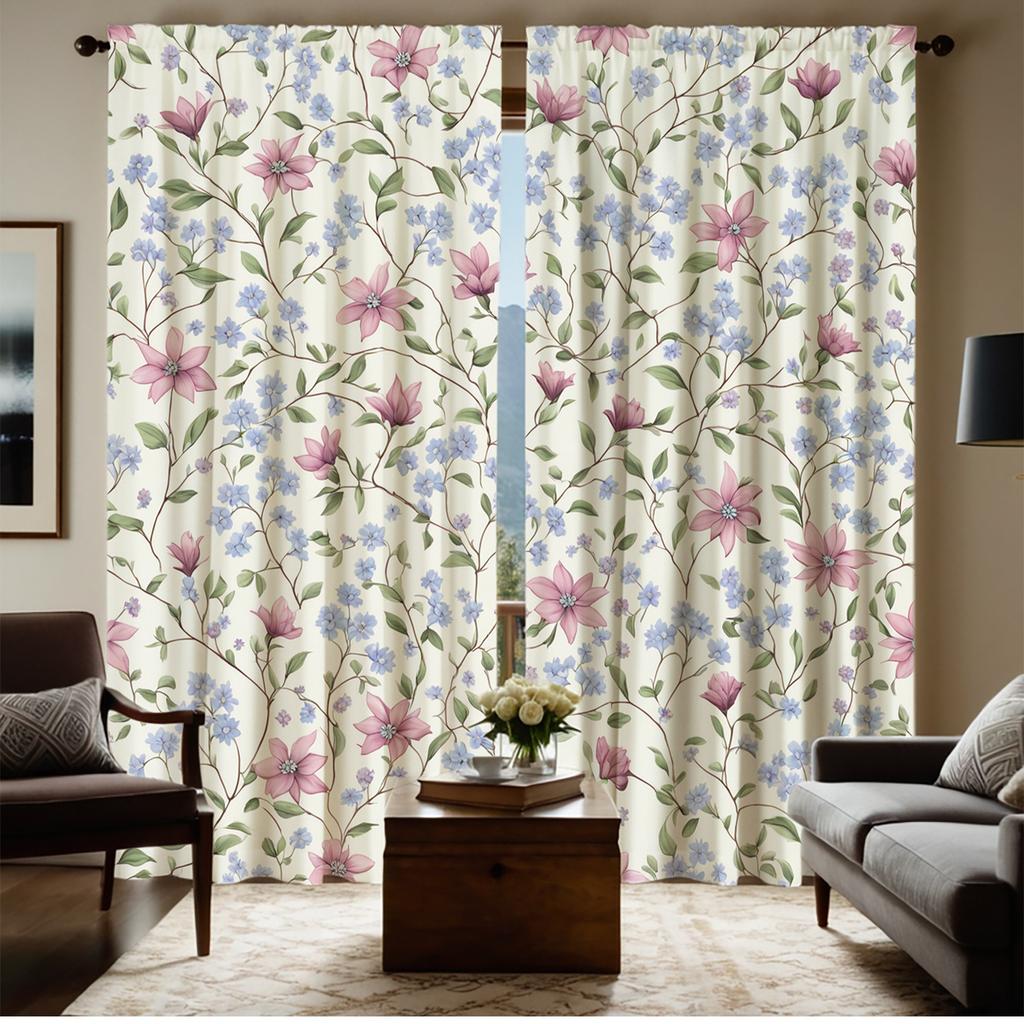 2Pc Pink And Blue Floral Pattern Curtains, Polyester Fabric, Machine Washable, Suitable For Bedroom Living Room Decoration
