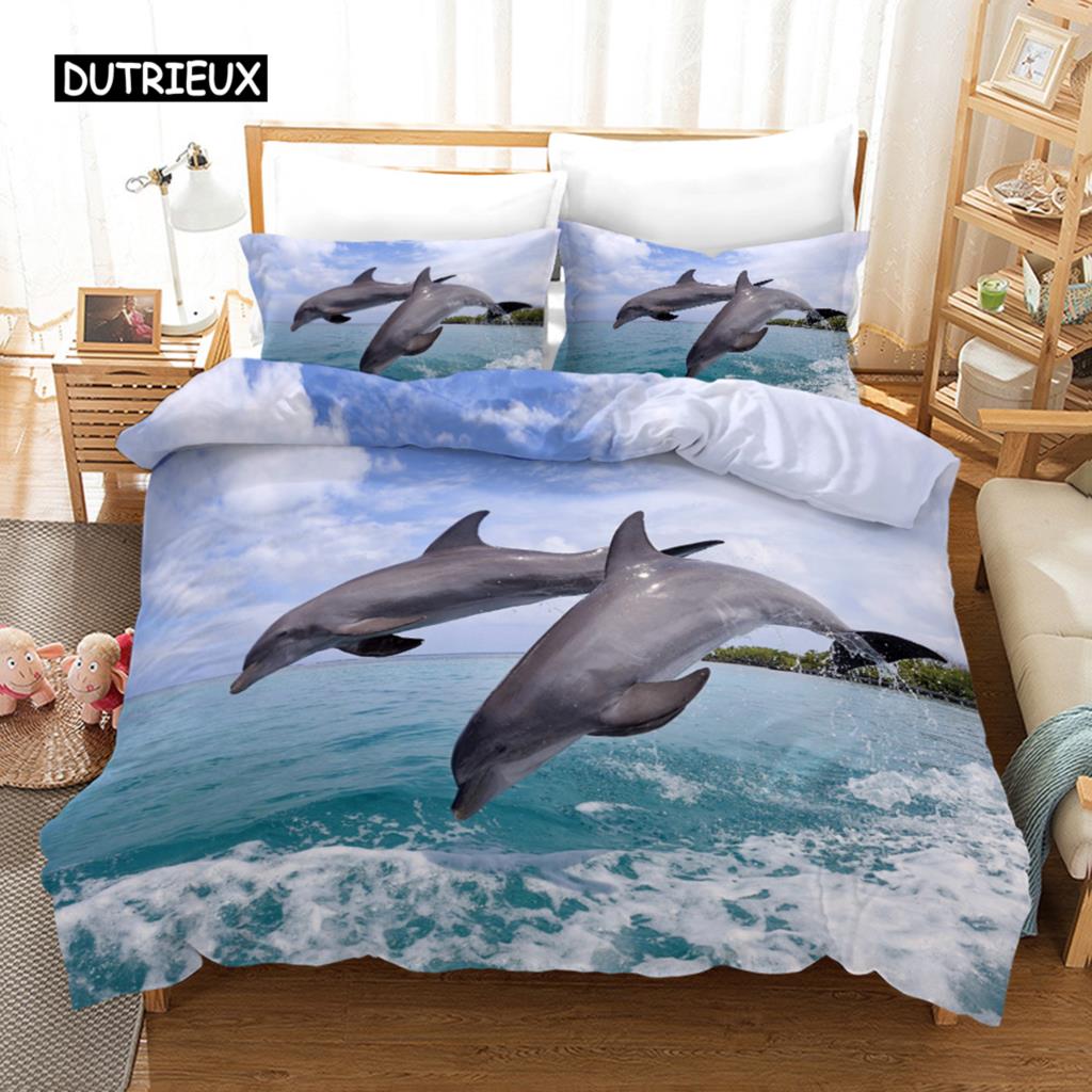

Комплект постельного белья с дельфинами, комплект постельного белья с 3D-принтом «Прыгающие дельфины», полиэстер, тема морских животных для подростков, двуспальное одеяло размера «king-size» AU Double(180x210cm)
