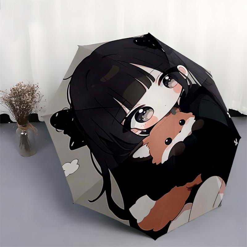 1pc Anime Character with Bowknot Design Automatic Opening/Closing Outdoor Umbrella - Portable Three-Fold Design, 8-Rib Iron Frame Outdoor Umbrell