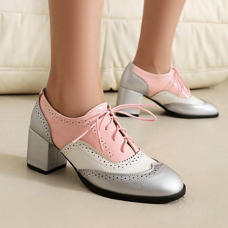 Brock Women's Single Shoes Candy Color Patent Leather Color Matching Thick Heel High Heel Front Lace-up Retro British Style Leather Shoes High Heels