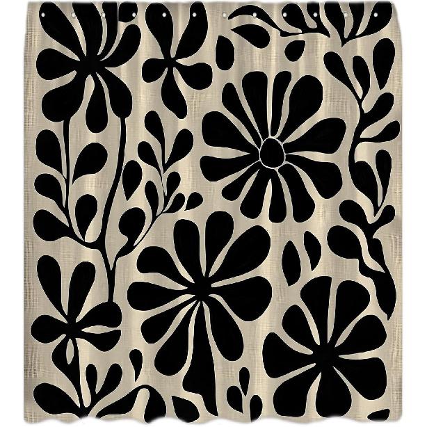 Black Boho Floral Shower Curtain Retro Abstract Flower Leaves Cute Plant Vintage Aesthetic Modern Cool Rustic Mid Century Art Bath Decor Curtain with