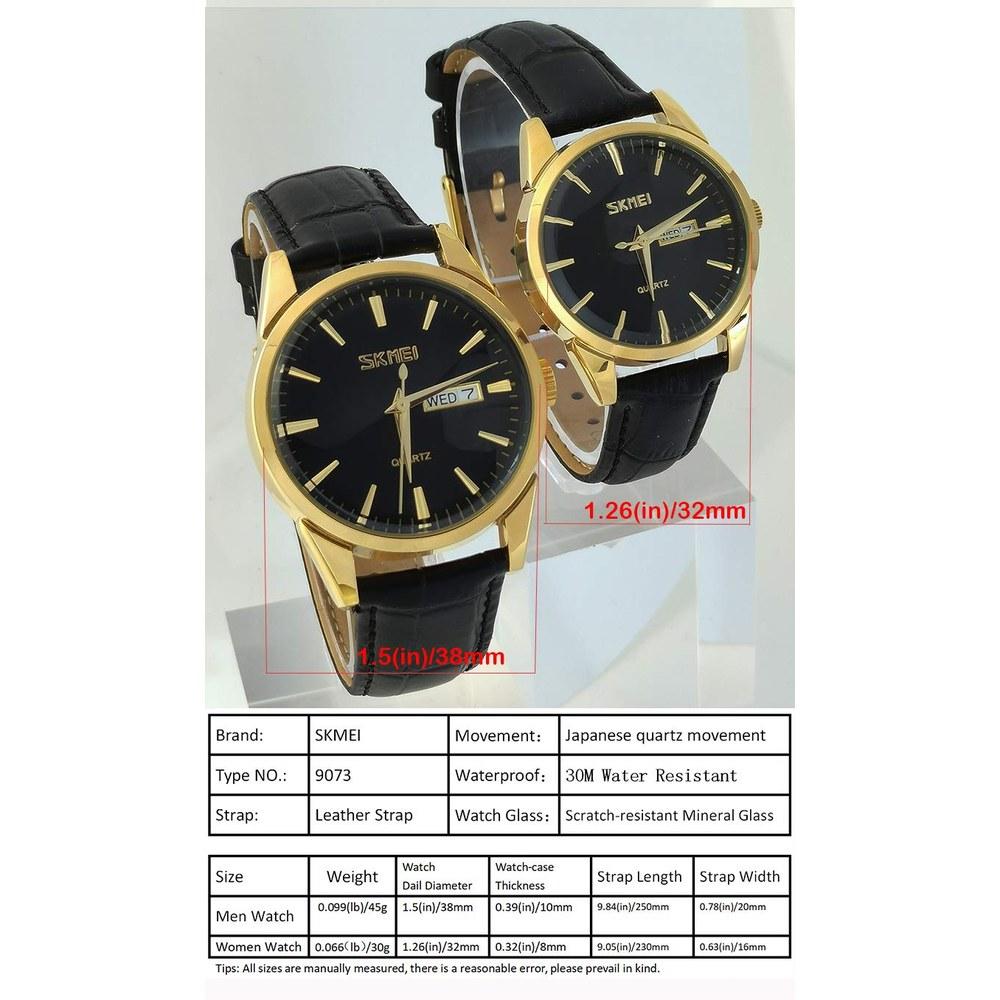 SKMEI Couple Wristwatch Set Men's and Women's Classic Black Leather Waterproof Luxury Watches for Wedding Anniversary Mother's Day Father's Day Gift