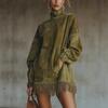 Retro Oversized Mock Neck Suede Velvet Long Sleeve Dress With Fringe Pockets A-Line Short Women