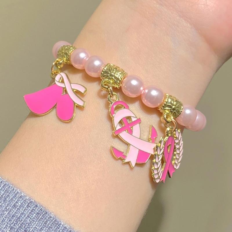 Symbolic Beaded Bracelet For Breast Cancers Awareness Adjustable Design Wristchain Ribbon Wheat Pendant Jewelry