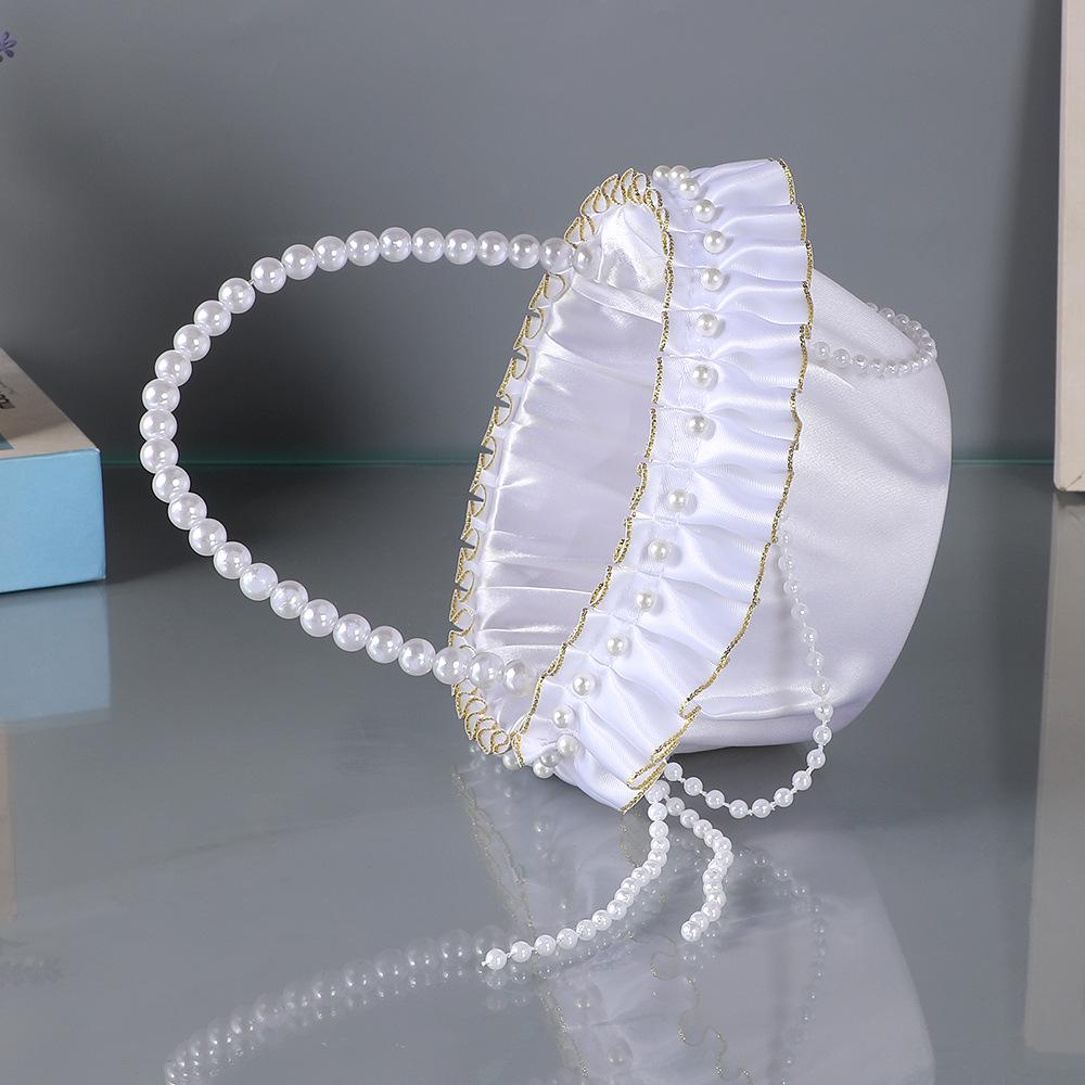 European White Pearl Flower Girl Basket – Satin Trim for Wedding Petals