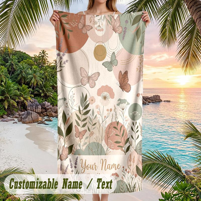 Floral Deer Artwork Theme Quick Dry Beach Towel Custom Name Text Print Large Sand Resistant Towel Beach Vacation
