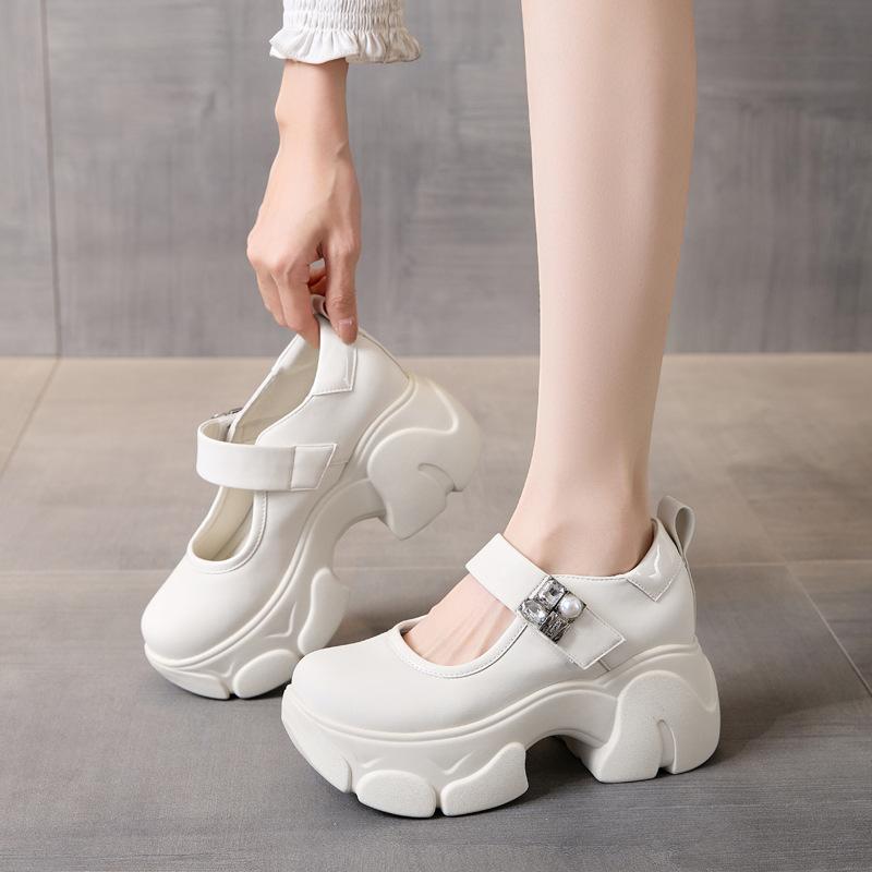 British style high-heeled Velcro small leather shoes women's autumn 2025 new thick-heeled waterproof table shallow mouth Mary Jane shoes