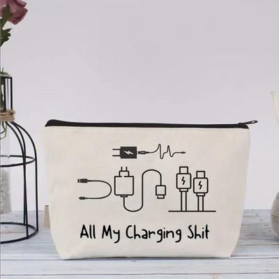 New Canvas Charger Storage Pouch Zipper Closure Large Capacity Electronics Bag Print Design Cable Organizer Bag for Office Desk