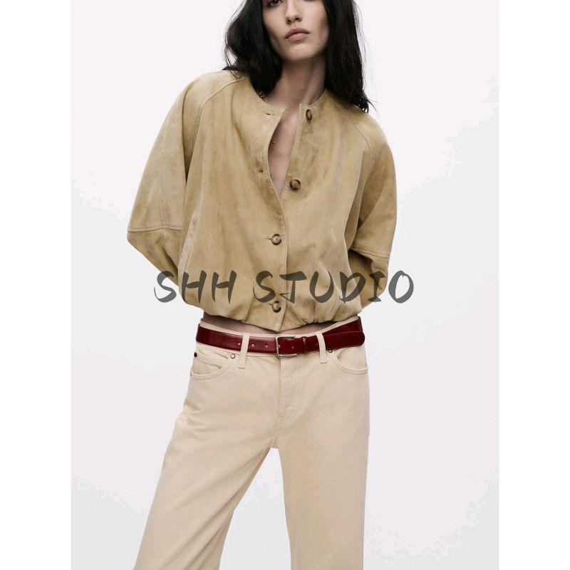 Fall Women's Clothing Balloon Hem Round Neck Long Sleeves Suede Textured Leather Jacket Outwear 3322043