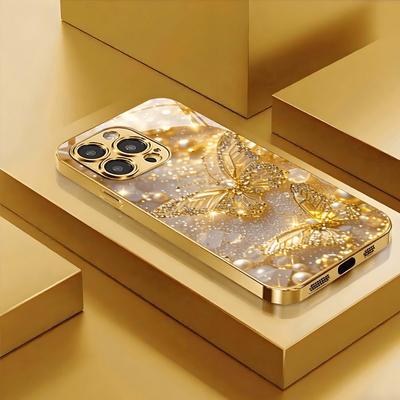 Goldenes Schmetterlingsmuster Gold Metallic Lack Glas Handyhülle Für iPhone 17 Pro Max 11 12 13 14 15 16 Plus 17 Air 16E Hülle