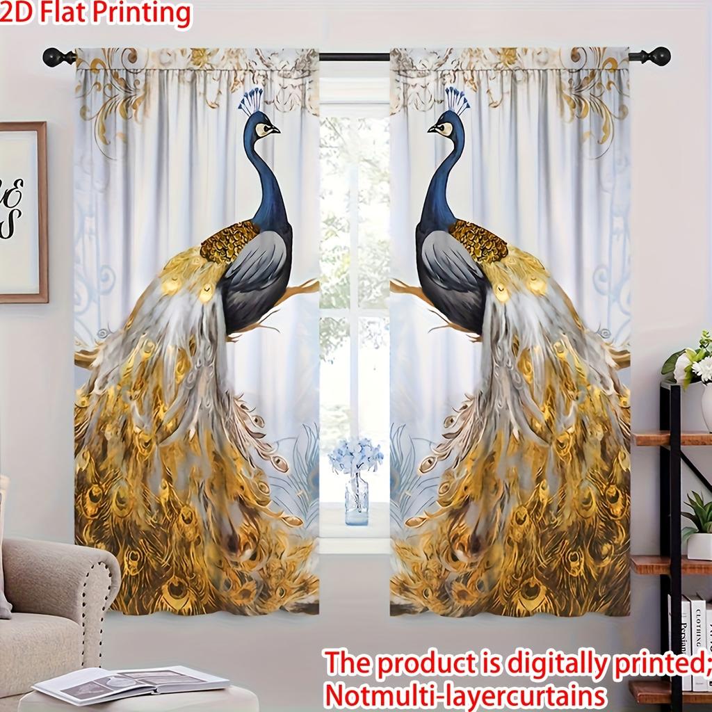 2Pcs Polyester Made Golden Peacock Printing Window Curtains Birthday Party Decoration Backdrop Drapes for Living Room