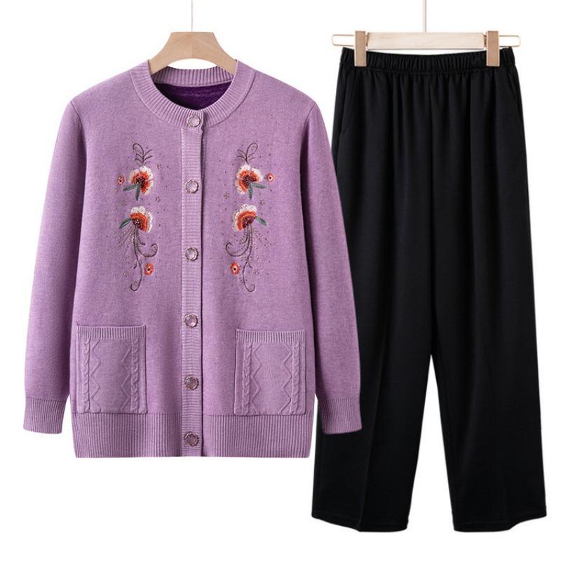 Grandma Sweater Women's Plush Thickened Knitted Sweater for the Elderly Autumn and Winter Embroidered Cardigan Mother Jacket for the Elderly