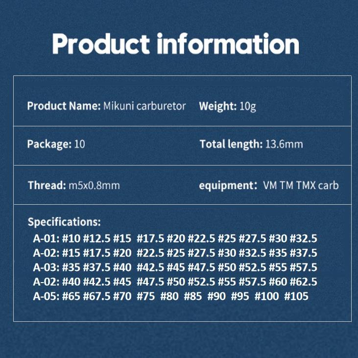 10Pcs Pilot Jets Carburetor For MIKUNI VM TM TMX Carburador VM22/210 TZR250 3XV EN125 AX100 Slow Jet Injectors Nozzle Gicleur