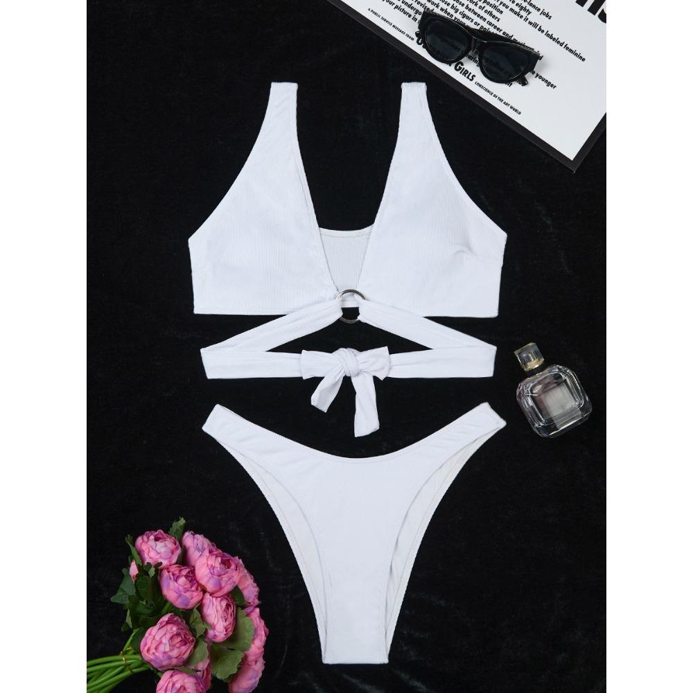 European and American Solid Color Ring Small Pit Strip Bikini Sexy Swimsuit