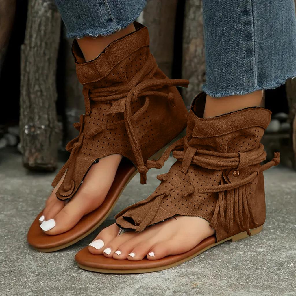 Lace Up Platform Sandals For Women Flat Soled Thong Toed Women'S Slippers Fashionable And Casual Tassel Hollow Zapatos De Mujer