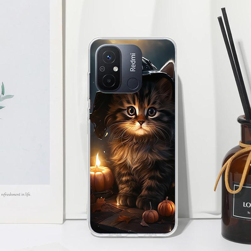 Black Kitten Halloween Pumpkin Phone Case For Xiaomi Redmi 12C 12 10C 10A 10 9C 9A 9T 9 8A 8 7A 7 6A 6 Pro K70 K40 K20 Fundas Ba