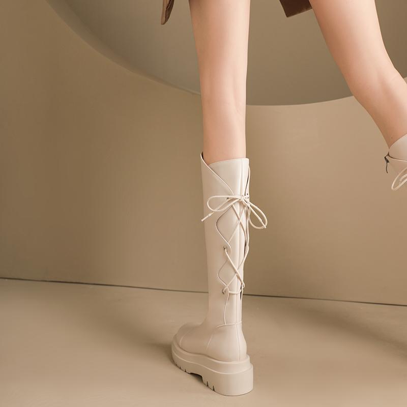 2024 New Fashion Women's Thick Knee-high Boots Autumn and Winter Patent Leather Women's Lace-up Mid-heeled Casual Boots