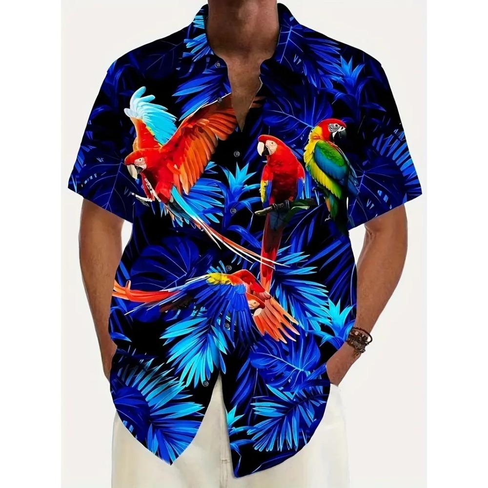 Cămăși Hawái pentru Bărbați cu Imprimeu Tropical Vibrant de Papagal și Flori, cu Mânecă Scurtă, Butonată, Casual, pentru Plajă, Vacanțe de Vară