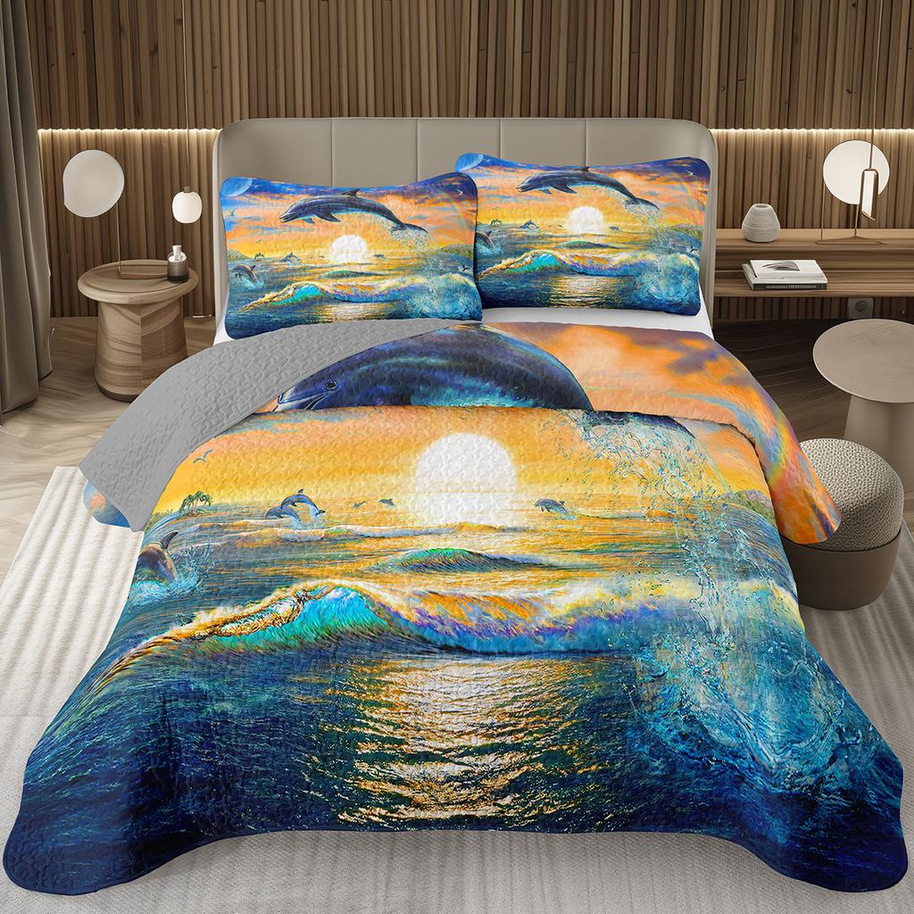 Cute Dolphin Bedspread Twin/King Reversible Grey Quilted Coverlet Ocean Animal Bedding Set 2/3 Pieces Soft Lightweight Quilt Set