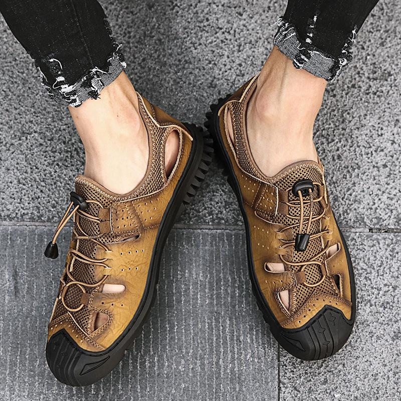 Sandals Men's New Summer Men's Casual Shoes Authentic Leather Toe Box Hollow Sandals Men's Fashionable Soft Bottom Beach Shoes Men