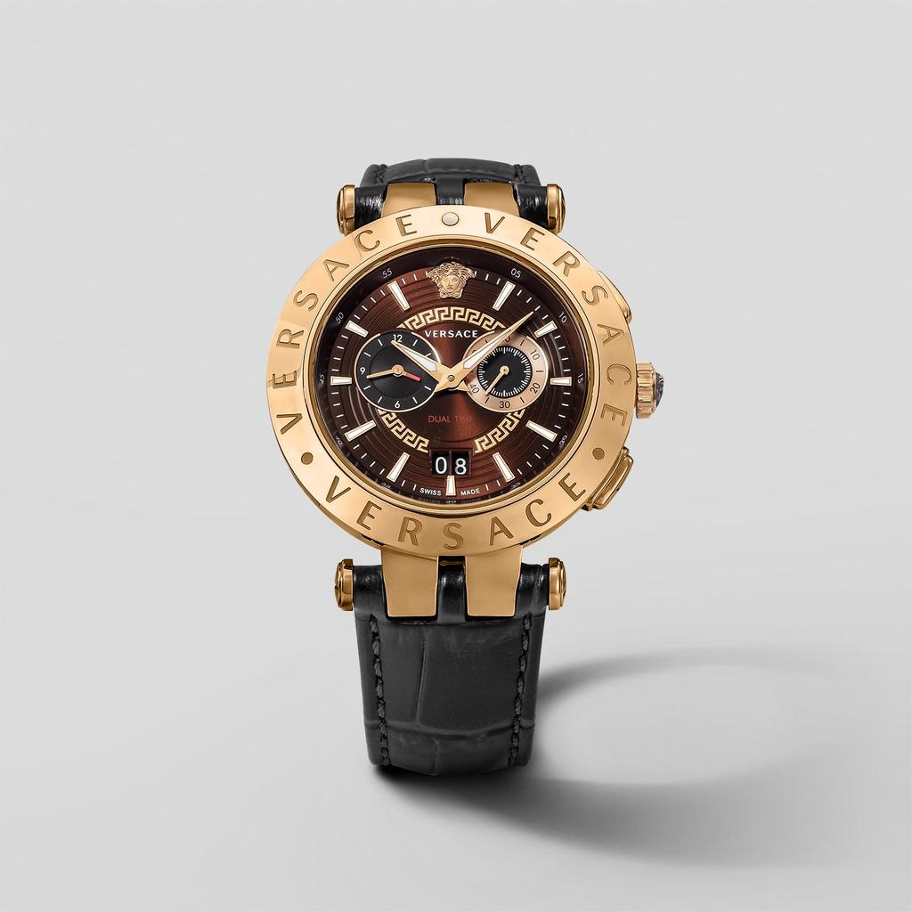 Uhr V Race Dual Time Dunkelbraunes Zifferblatt Edelstahl Saphirglas Quarz Quarz DUALTIME 46MM Schweizer Uhr VEBV00722 Braun [Versace] V-Race Herren