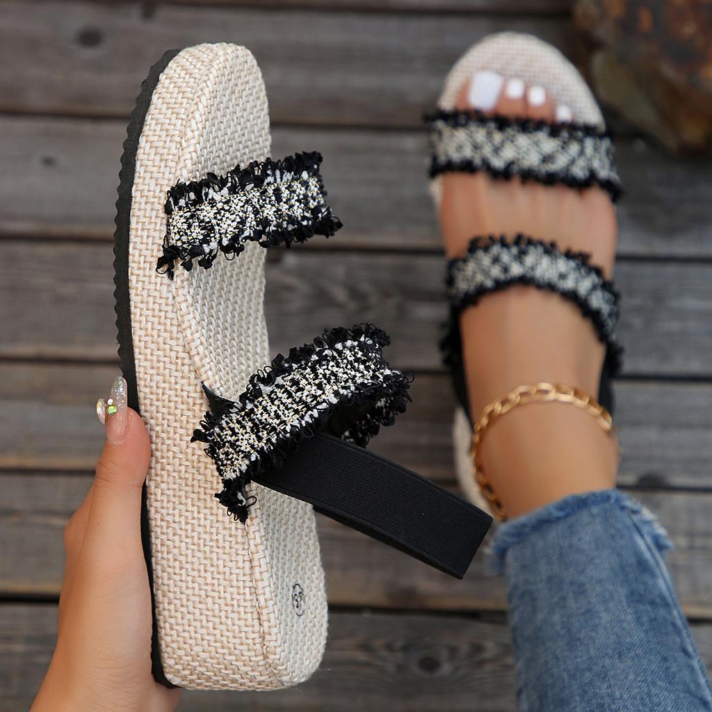 Xiaoxiangfeng Sandals Wear Ethnic Style Comfortable One-word Cloth Belt Sandals 2025 Foreign Trade Imitation Hemp Rope Thick-soled Women's Sandals
