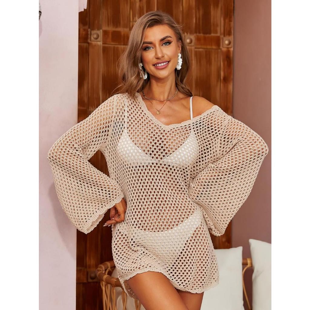 CHARMLEAKS Häkel-Badeanzug-Überzug für Damen, Glockenärmel, Strand-Überzüge, rückenfrei, Badeanzug-Überzüge, gewellte Bikini-Bademode