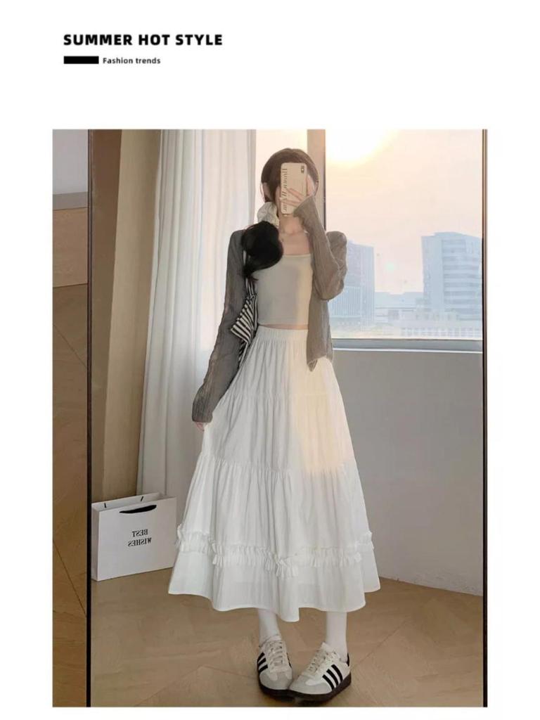 2025 White Summer Lace-Trim A-line Petite Cake Skirt