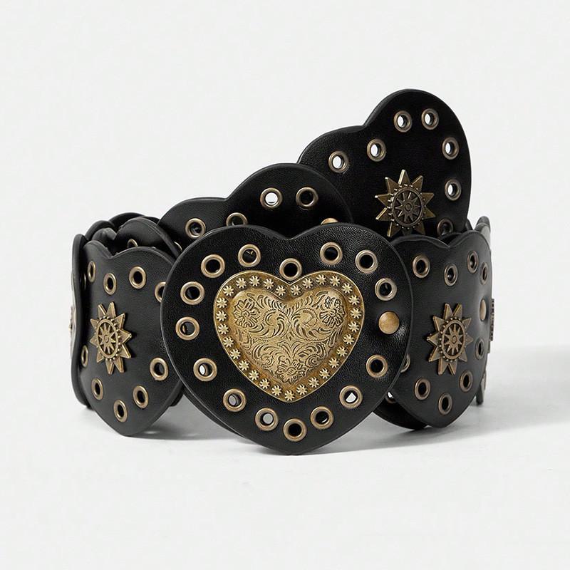 

Heart Embossed Faux Leather Wide Belt With Metal Buckle For Punk Women Heart