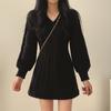 Spring and Autumn Women's V-neck Sweater Dress Knitted Waist Fashionable Lantern Long Sleeve A-line Dress