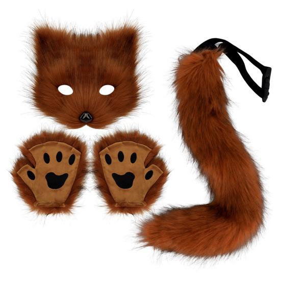 Kunstfell Katze Fuchs Maque Schwanz und Pfoten Handschuhe Set Handgemacht Felliges Tier Therian Kit Maskerade Halloween Party Cosplay Kostüm Zubehör