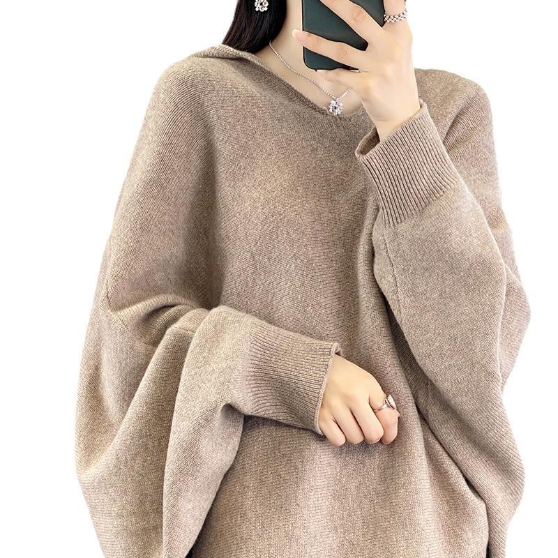 Women's 100% Wool V-Neck Batwing Sleeve Sweater, Versatile Knitted Top for Autumn & Winter