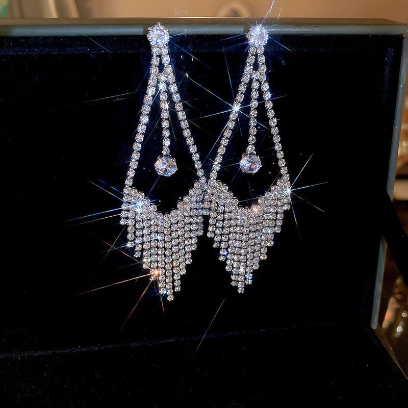 Silver Needle Diamond Flower Water Drop Tassel Earrings Exaggerated Earrings Light Luxury Premium Earrings Women