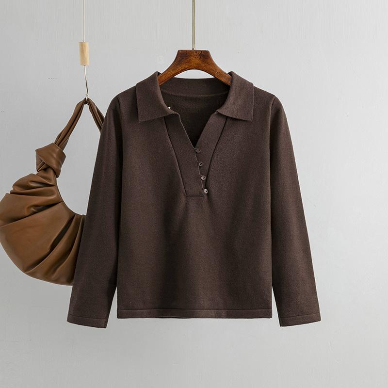 Women's Casual Solid Lazy Knit Shirt Button V-neck Long Sleeve Loose Breathable Pullover Knit Top Polo Neck Fashion Simple Soft Comfy Knit Shirt