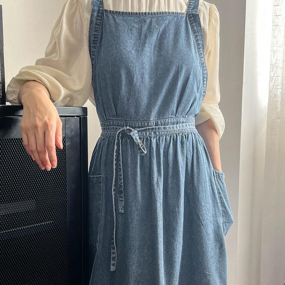 Cotton Vintage Denim Apron Stain-Resistant Cooking Apron Portable Cross Back Apron  Grilling
