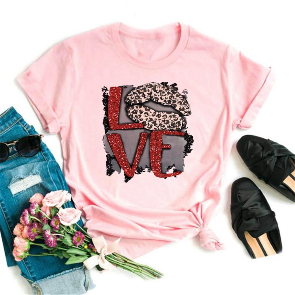 New Women Pink Lips Leopard Graphic T Shirt Casual Fahion O-neck Sexy Black Tees Kiss Lip Funny Girls Tshirt