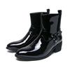 Mens Chelsea Boots With Metal Buckle Side Zipper Pointed Toe Mid-Calf Fashion Casual Leather
