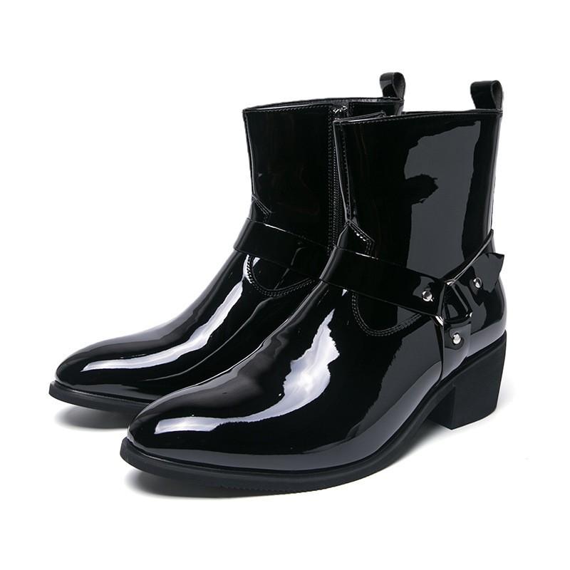 Mens Chelsea Boots With Metal Buckle Side Zipper Pointed Toe Mid-Calf Fashion Casual Leather