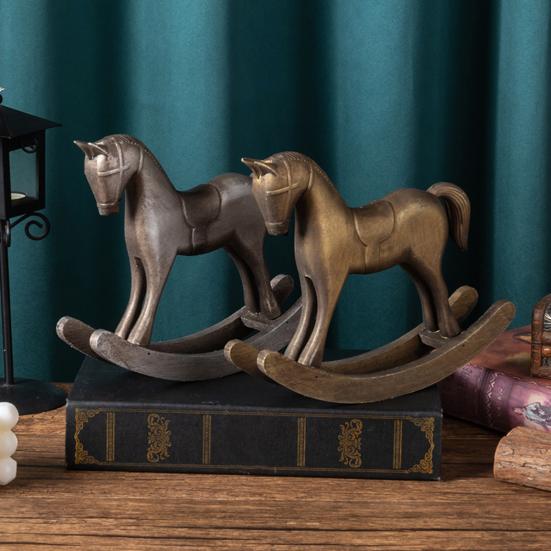 Wood Carving Rocking Horse Figurine Vintage Miniature Rocking Horse Statue Home Office Living Room Desktop Decoration Ornament