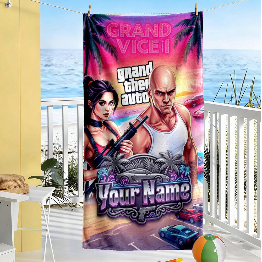 Gta Customize Text Beach Towel Quick-Dry Soft Microfiber For Beach Bathroom Outdoor Swimming Pool Camping Picnic Yoga Diving Vacation Accessories