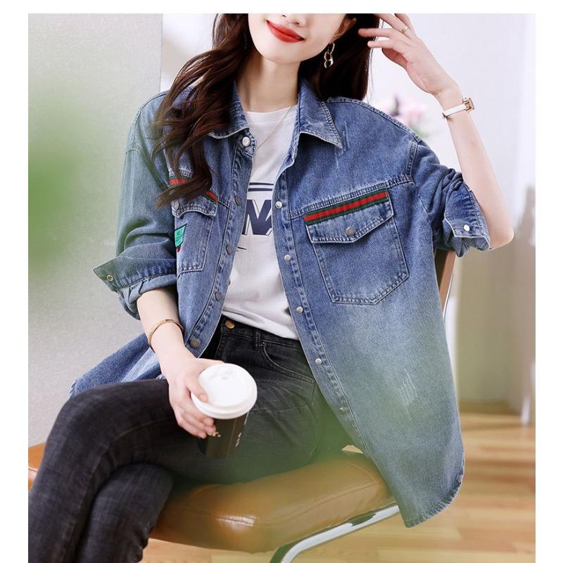 Casual Denim Shirt Women Spring Autumn Fashion Long Sleeve Vintage Loose Fit Mid Length Blouse Coat