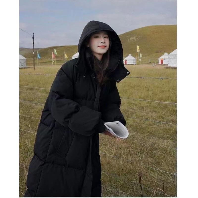 Koreai Divat Női Téli Vastag Középhosszú Laza Pehelykabát Meleg Kabát Térd Fölé
