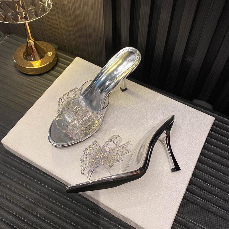 

2025 summer new fairy full of rhinestone bow fish mouth high heel women s shoes fine heel high sense women s sandals versatile 35 серебряный