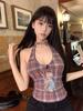 American Retro Cartoon Print Vest Grunge Women Off Shoulder Sleeveless Vintage Sexy Plaid Tank Tops Y2K Chic Halter Top Summer